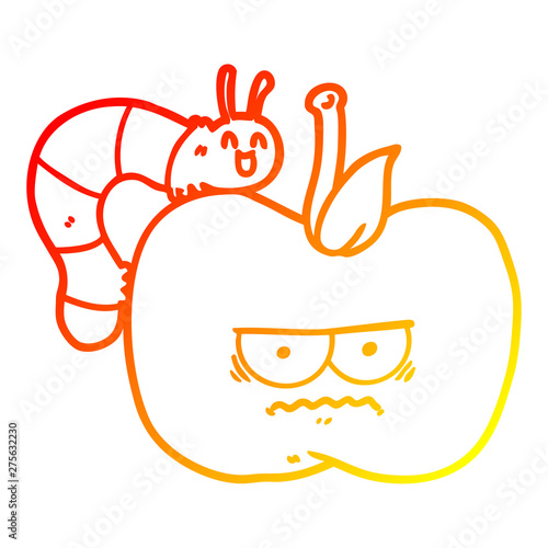 warm gradient line drawing cartoon cranky apple and caterpillar