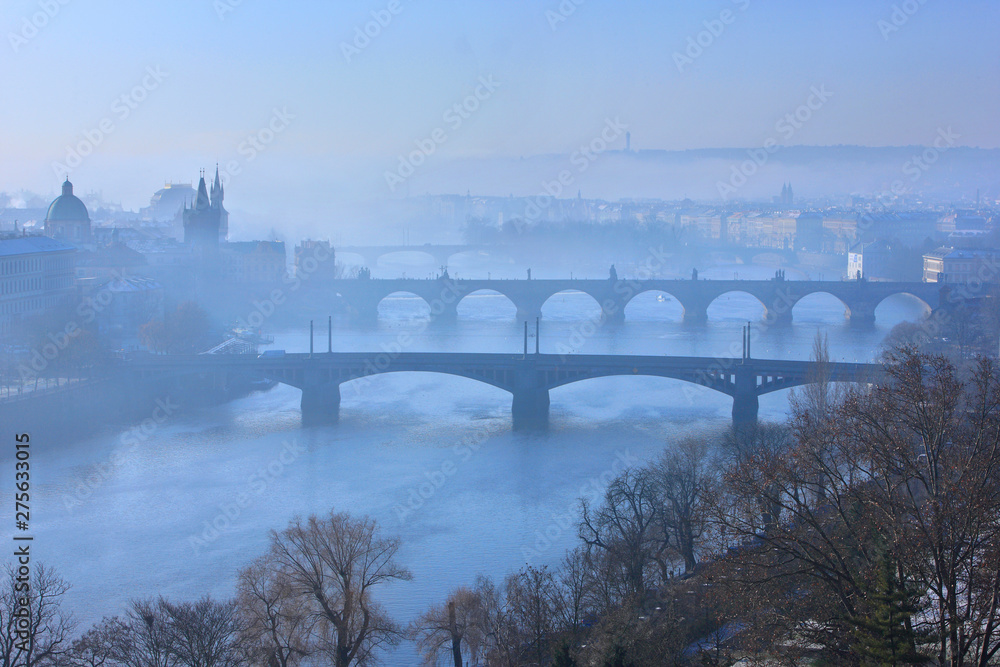 Bridges on Vltava (Moldava), river, Prague, Czech Republic. The one in the middle is the famous Charles' bridge. View from Letna gardens