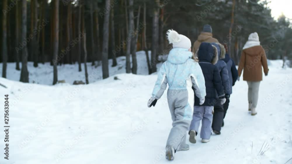 Following rear shot of mother and father together with their five kids strolling along footpath in pine forest blanketed with snow, with one boy falling behind and then catching up with his family Following rear shot of mother and father together with their five kids strolling along footpath in pine forest blanketed with snow, with one boy falling behind and then catching up with his family