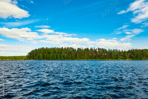 Landscape of island, lake and forest in Imatra city. Finland 