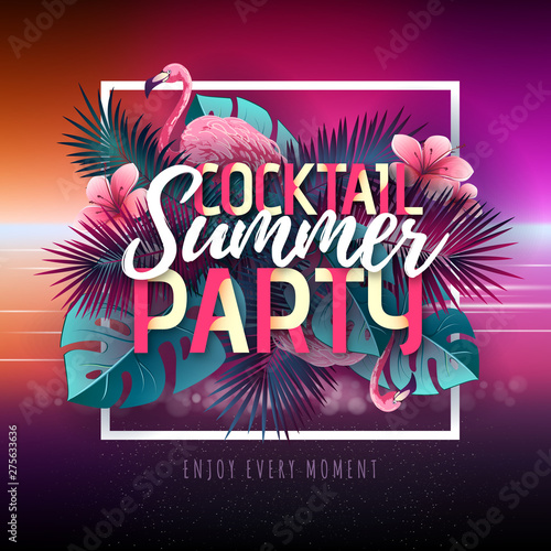 Summer cocktail party typography poster with flamingo and tropic leaves