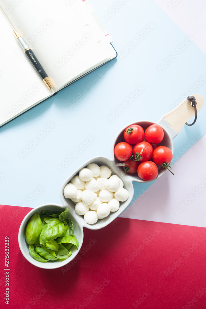 Mini mozzarella cheese, tomatoes and green basil. Mini mozzarella cheese, tomatoes and green basil.