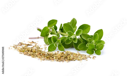 Oregano or marjoram leaves isolated on white background. Organo spice fresh and dry.