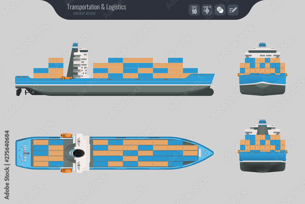 Cargo ship on a grey background. Top, side and front view. Container ...
