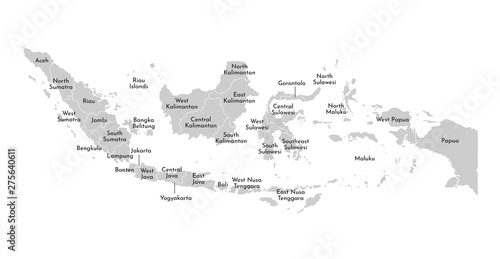 Vector isolated illustration of simplified administrative map of Indonesia. Borders and names of the provinces (regions). Grey silhouettes. White outline photo