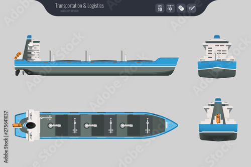 Cargo ship on a grey background. Top, side and front view. Container transport in flat style. Vector illustration
