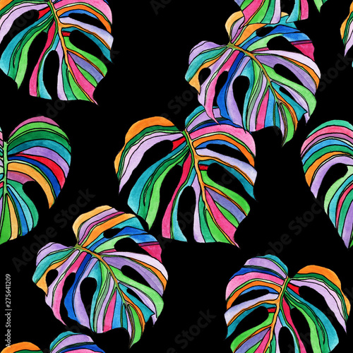 decorative hand-painted watercolor colors of Monstera on a black seamless background for use in design, textiles, wrapping paper, wallpaper
