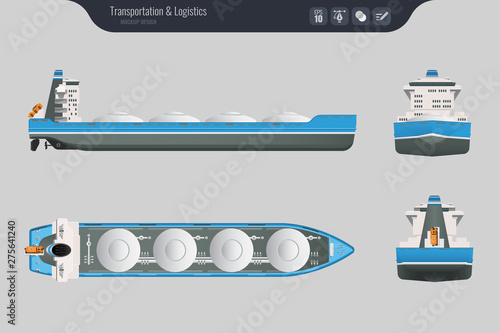 Cargo ship on a grey background. Top, side and front view. Container transport in flat style. Vector illustration