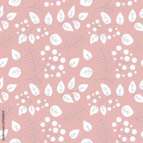 Seamless pattern with flowers, leaves and berries. Vector spring template. Design for paper, cover, fabric, interior decor