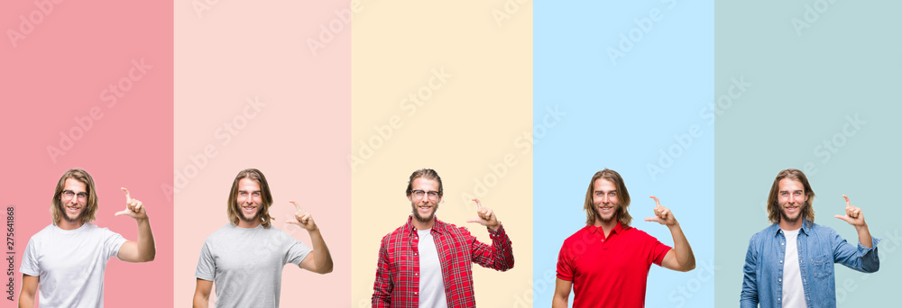 Fototapeta premium Collage of young handsome man over colorful stripes isolated background smiling and confident gesturing with hand doing size sign with fingers while looking and the camera. Measure concept.