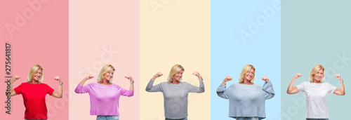 Collage of middle age senior beautiful woman over colorful stripes isolated background showing arms muscles smiling proud. Fitness concept.