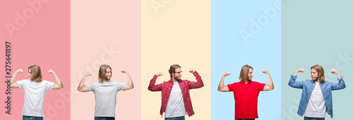 Collage of young handsome man over colorful stripes isolated background showing arms muscles smiling proud. Fitness concept.