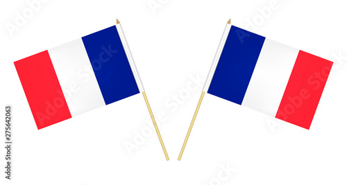 Two French flags isolated on white background, vector illustration. The flag of France on pole