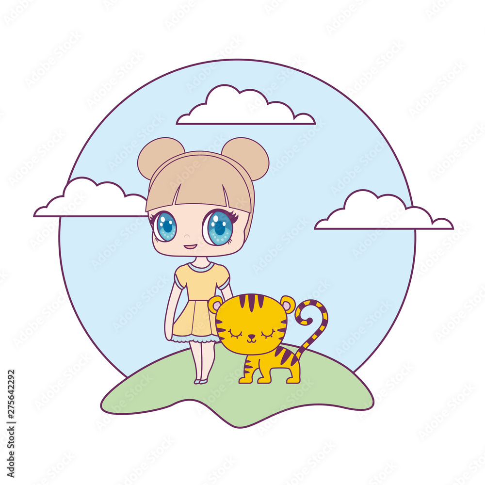 Plakat cute little doll z tygrysem zwierząt w krajobrazie