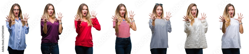 Collage of young beautiful blonde woman over isolated background afraid and terrified with fear expression stop gesture with hands, shouting in shock. Panic concept. Collage of young beautiful blonde woman over isolated background afraid and terrified with fear expression stop gesture with hands, shouting in shock. Panic concept.
