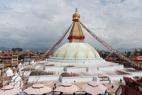 Nepal, Kathmandu. Boudhanath stupa with prayer flags