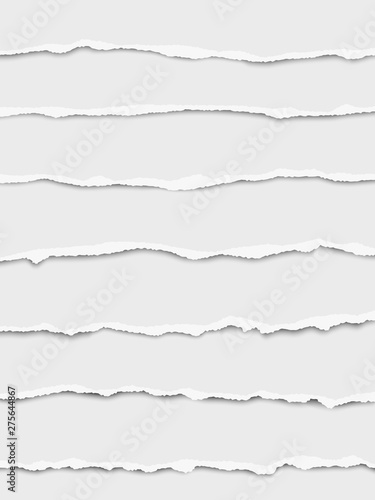 Seven oblong torn white paper wisps placed one under another with soft shadow. Vector paper mock up.