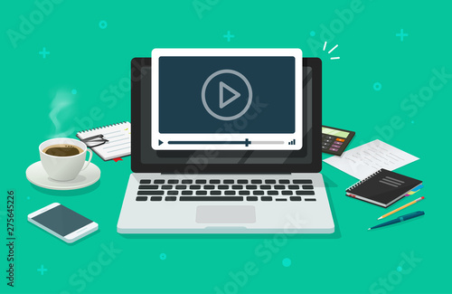  Watching video player webinar on workplace working laptop vector, concept of distance learning, video tutorial business online training, education on computer e-learning study, flat desktop table