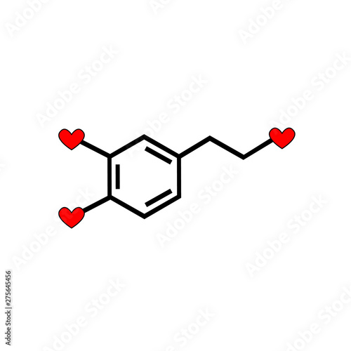 Dopamine chemical formula with hearts. Hormone of love