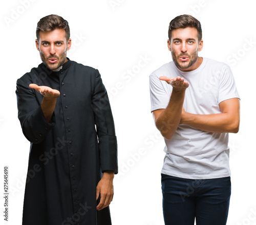 Collage of handsome young man and catholic priest over isolated background looking at the camera blowing a kiss with hand on air being lovely and sexy. Love expression.