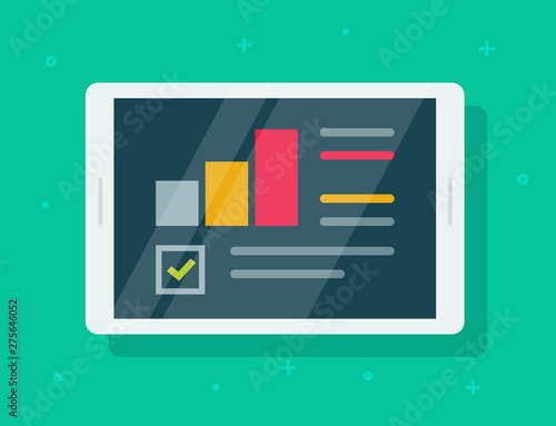 Electronic audit research report on tablet vector, flat cartoon financial or quality analysis statistics data on tablet screen with growth charts and analyzing graphs isolated image