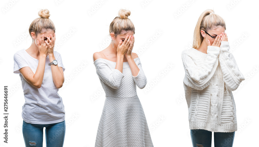 Collage of young beautiful blonde woman over white isolated background with sad expression covering face with hands while crying. Depression concept. Collage of young beautiful blonde woman over white isolated background with sad expression covering face with hands while crying. Depression concept.