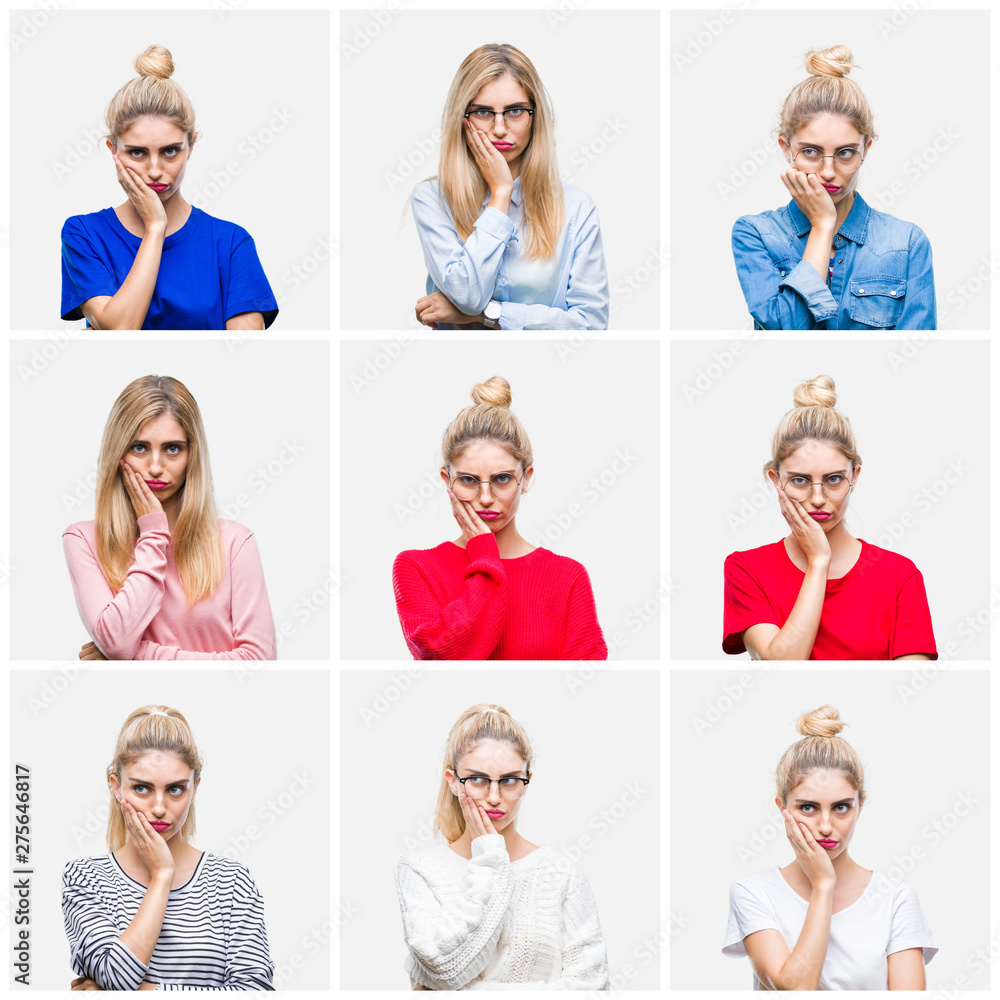 Collage of young beautiful blonde woman over white isolated background thinking looking tired and bored with depression problems with crossed arms. Collage of young beautiful blonde woman over white isolated background thinking looking tired and bored with depression problems with crossed arms.