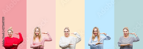 Collage of young beautiful blonde woman over vivid colorful vintage isolated background gesturing with hands showing big and large size sign, measure symbol. Smiling looking at the camera. 