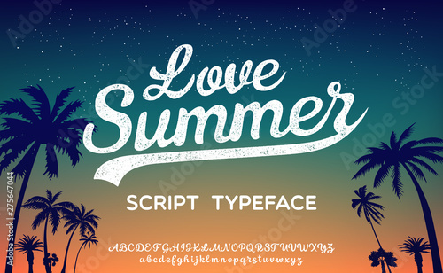 Love Summer. Hand made script font. Vacation summer time. Waikiki beach. Vector illustration. Retro typeface and logo. Summer style.