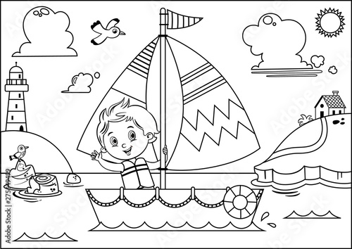 Black and white vector illustration of a boy’s sailing adventure.