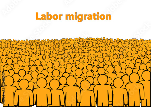 labor migration poster, a crowd of orange abstract  people isolated on a white background horizontal  vector illustration