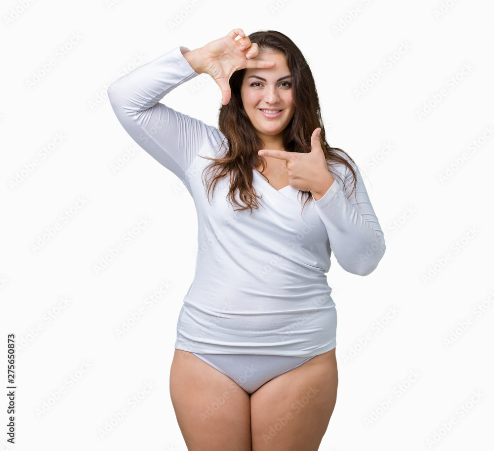 Beautiful plus size young overwight woman wearing white underwear over isolated background smiling making frame with hands and fingers with happy face. Creativity and photography concept. Beautiful plus size young overwight woman wearing white underwear over isolated background smiling making frame with hands and fingers with happy face. Creativity and photography concept.