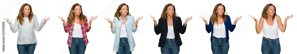Collage of beautiful middle age woman over white isolated background clueless and confused expression with arms and hands raised. Doubt concept. Collage of beautiful middle age woman over white isolated background clueless and confused expression with arms and hands raised. Doubt concept.