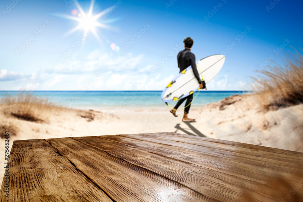 Desk of free space and summer beach landscape Desk of free space and summer beach landscape