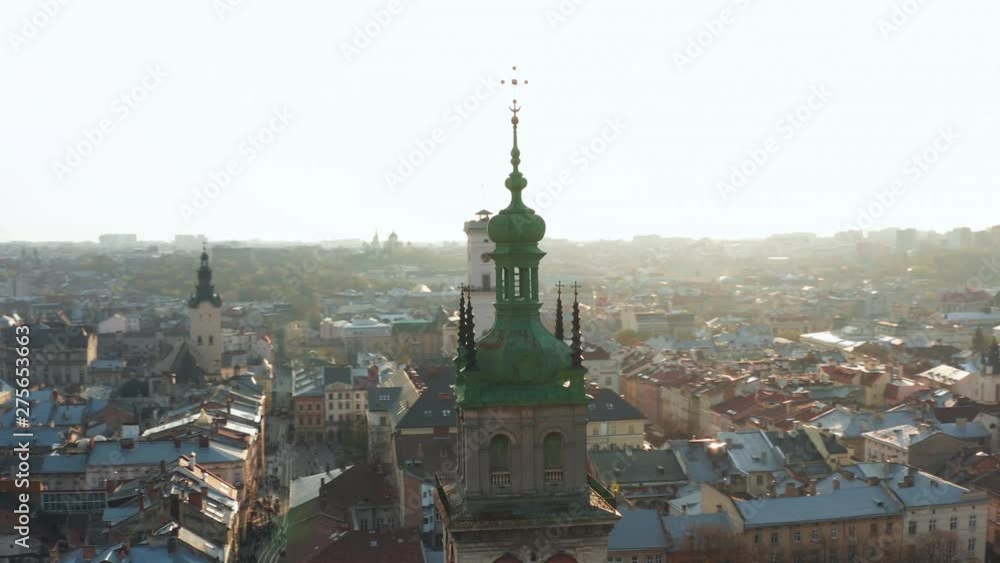 Old town in Lviv in Ukraine at sunset drone aerial