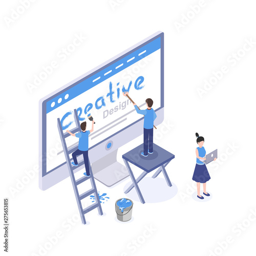 Web design studio vector isometric illustration. Graphic designer creating homepage  mobile app interface  searching ideas and solutions isolated clipart. UI  UX development 3d drawing