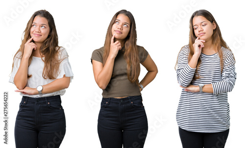 Collage of beautiful young woman over isolated background with hand on chin thinking about question, pensive expression. Smiling with thoughtful face. Doubt concept.