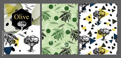 The cover template of the brochure about olive oil. Background for covers, flyers, banners and posters. Hand drawn vector illustrations.