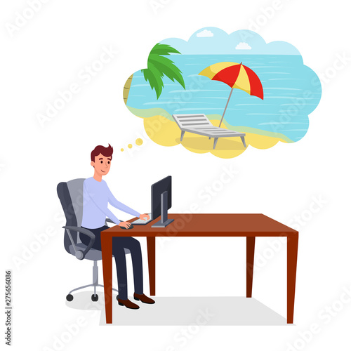 Thinking about holidays flat vector illustration. Smiling happy entrepreneur, office worker, manager, programmer at workplace cartoon character on white. Young man at work dreams of summer vacation