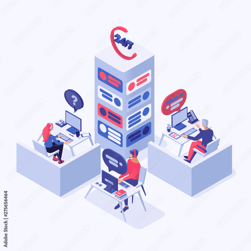 Customer service vector isometric illustration. Call center, online support, hotline operators, consultant managers 3d cartoon characters. Office workers with headphones at workplace