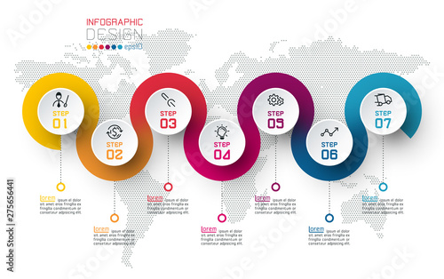 Circle label infographic with step by steps.