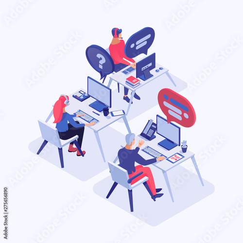 Call center vector isometric illustration. Customer service operators with headset consulting clients, managers 3d cartoon characters. Around the clock tech support, office workers at workplace