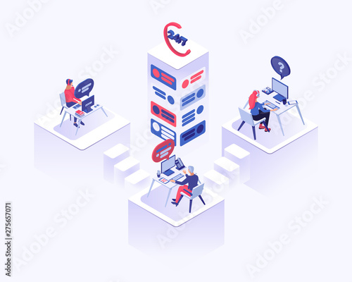 Call center office vector isometric illustration. Male and female consultant, client managers advising clients 3d cartoon characters. Tech support, office workers with headset sitting at desk