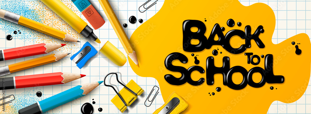 Fototapeta Back to school sale horizontal banner. First day of school, vector illustration.