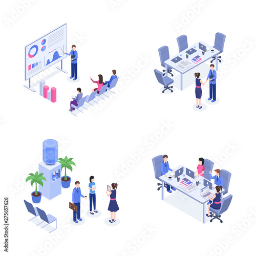 Teamwork vector color isometric illustrations set. Business people, managers, employees at workplace 3d cartoon characters. Management, analytics, business trainings, employment, negotiations