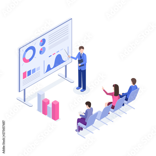 Business presentation isometric color illustration. Market analyst, boss, office workers 3d cartoon characters. Corporate training, sales pitch, employer explaining charts and diagrams on board