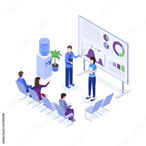 Project presentation isometric color illustration. Speaker at business convention, workers 3d cartoon characters. Corporate trainings, seminar, business school, employer explaining diagrams on board