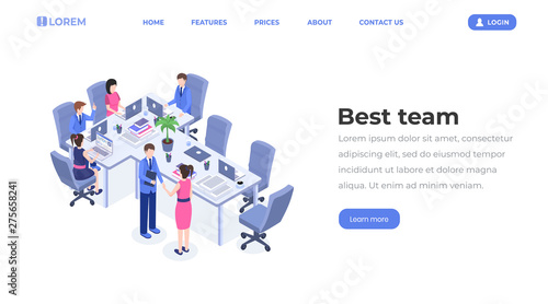 Best team isometric landing page template. Business group teamwork, professional partnership, cooperation, office managers, employees at workplace layout. Corporate seminar, training 3d illustration