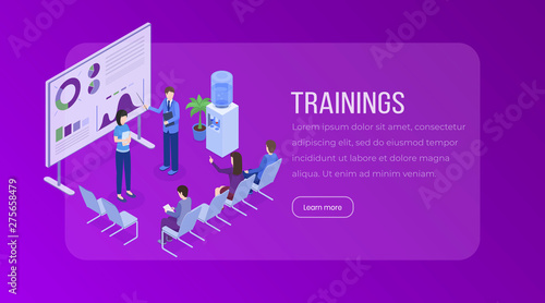 Trainings isometric landing page template. Business presentation, meeting, seminar, staff training, market research, statistics, financial analysis website layout. Company briefing 3d illustration