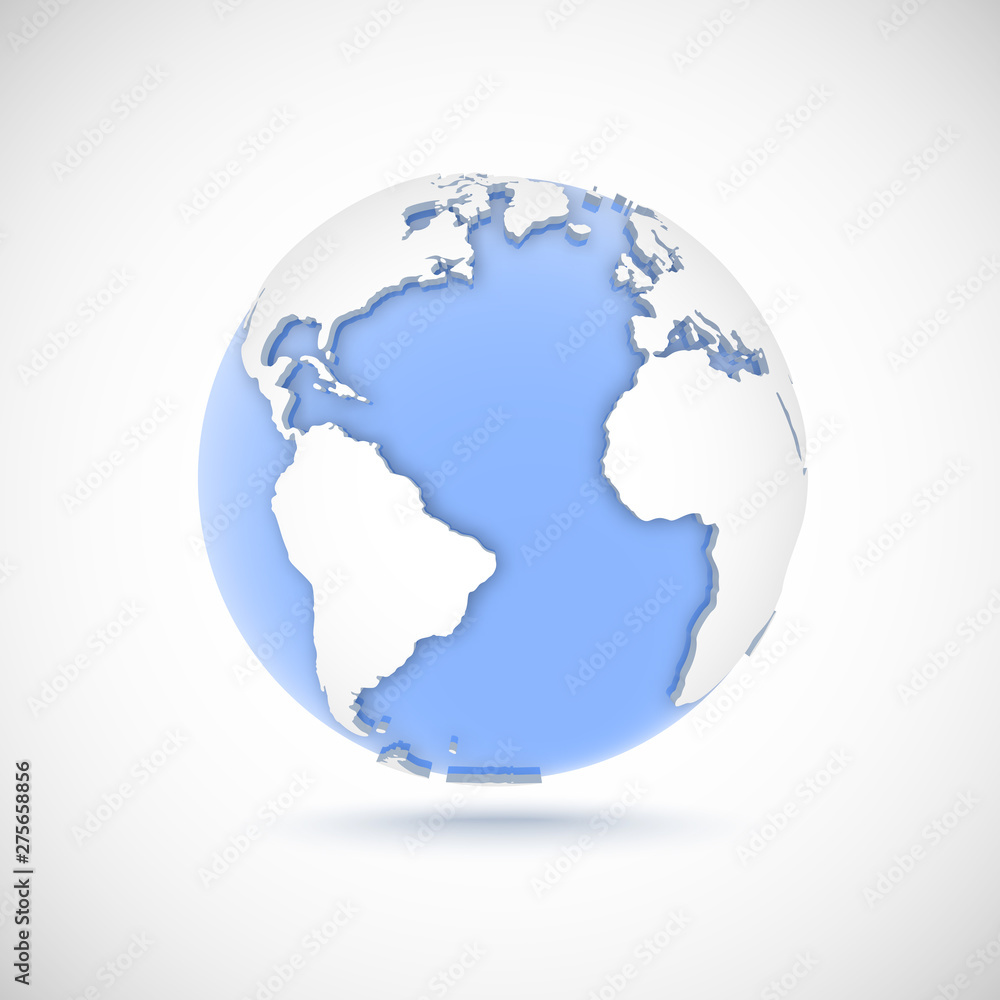 Volumetric globe in white and blue colors. 3d vector illustration with continents America, Europe, Africa